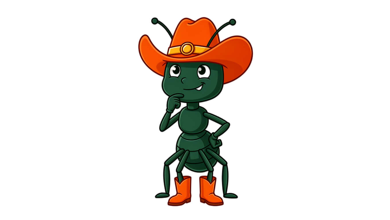 Sheriff Six-Legs thinking, hand on chin — considering the question